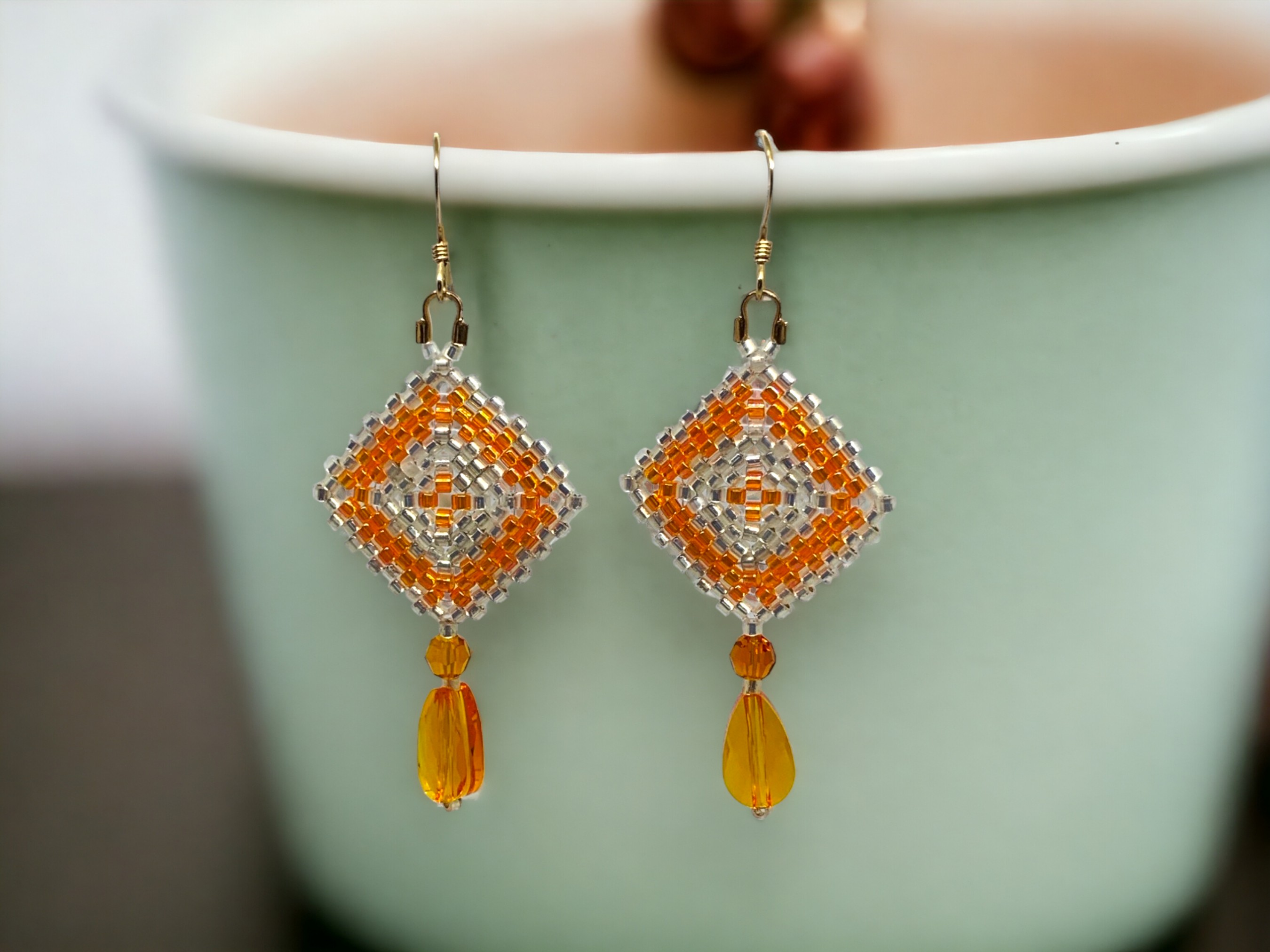 Classic Square-Shaped Beadwork Earrings, Peyote Stitch Earrings with Crystal Accents